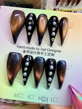 Handmade Black & Bronze Cat Eye Claw Press-On Nails Size Medium